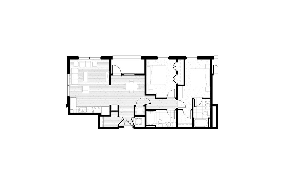 B11 - 2 bedroom floorplan layout with 2 baths and 1136 square feet.